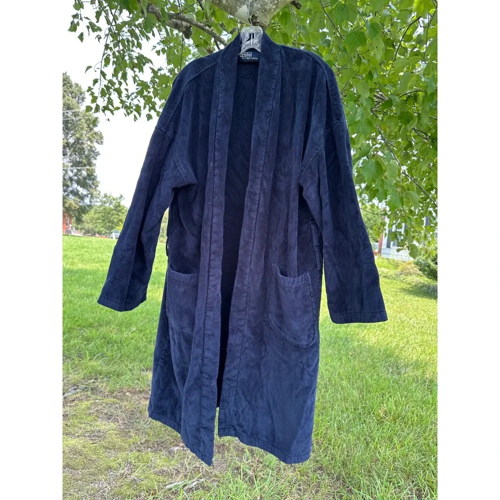 Polo Ralph Lauren Men Navy Blue Terry Cloth Cotton Robe Red Pony One Size